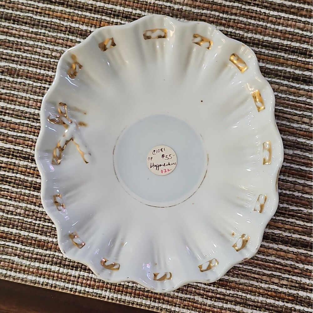 Vintage White Porcelain Bowl Gold Gilt Ruffled Scalloped Rim Antique 6.5" Dish